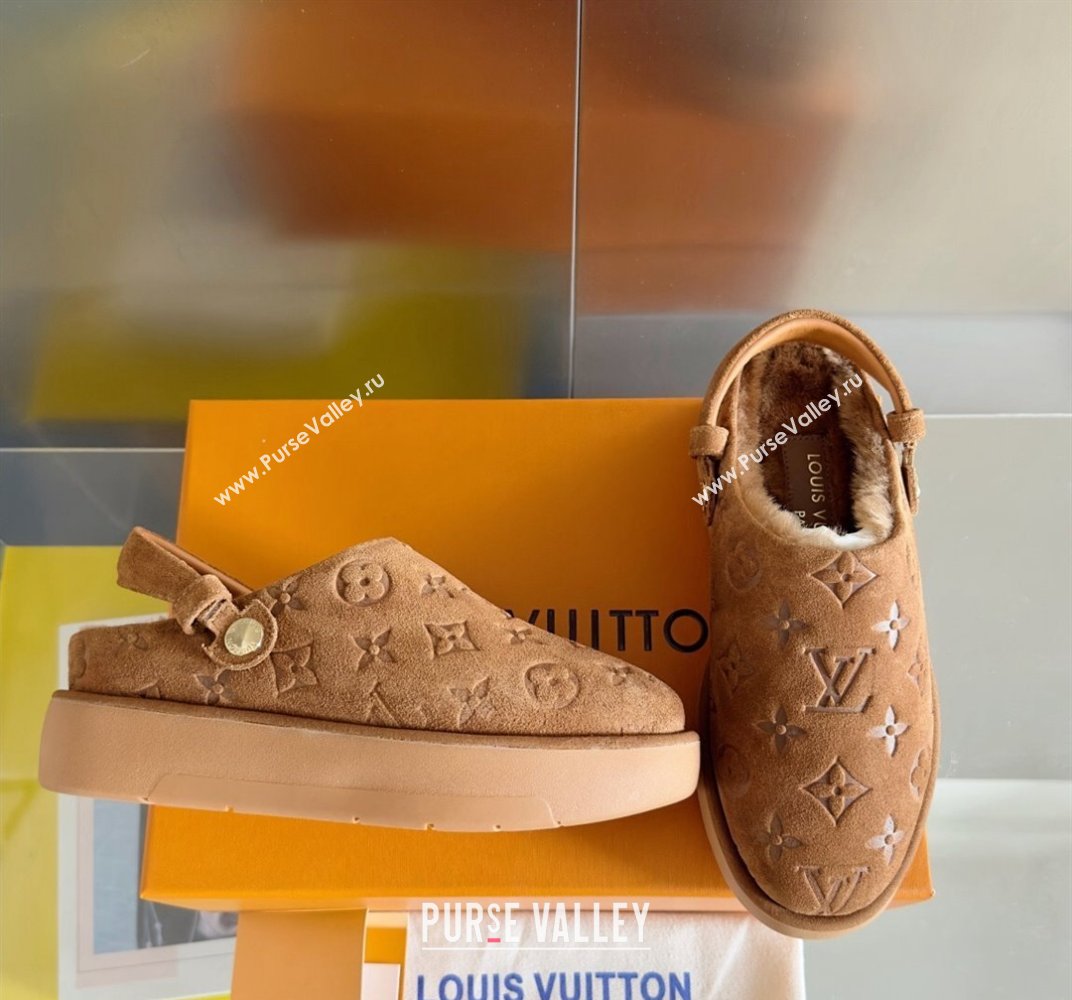 Louis Vuitton Heel 4cm Aspen Platform Clogs in Monogram-debossed suede calf leather and shearling Brown 2024 (danni-23112706)