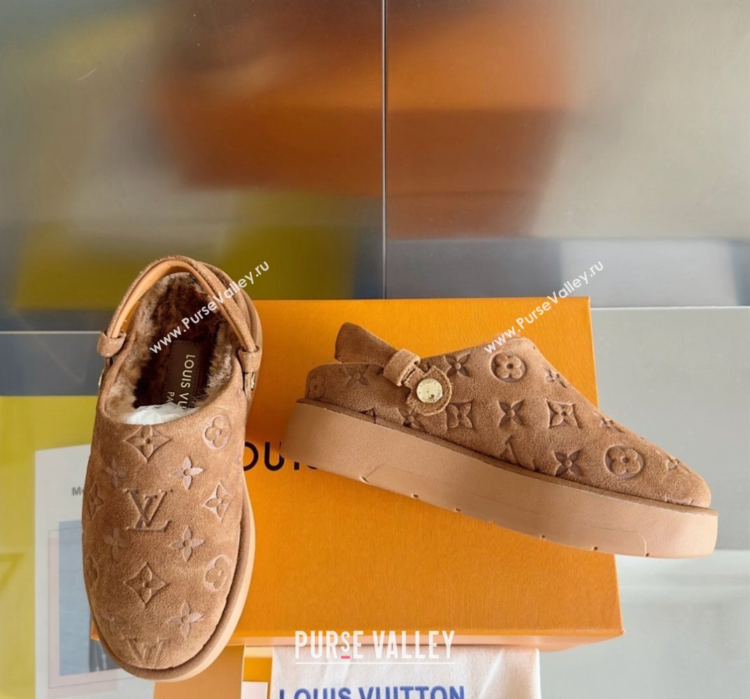 Louis Vuitton Heel 4cm Aspen Platform Clogs in Monogram-debossed suede calf leather and shearling Brown 2024 (danni-23112706)