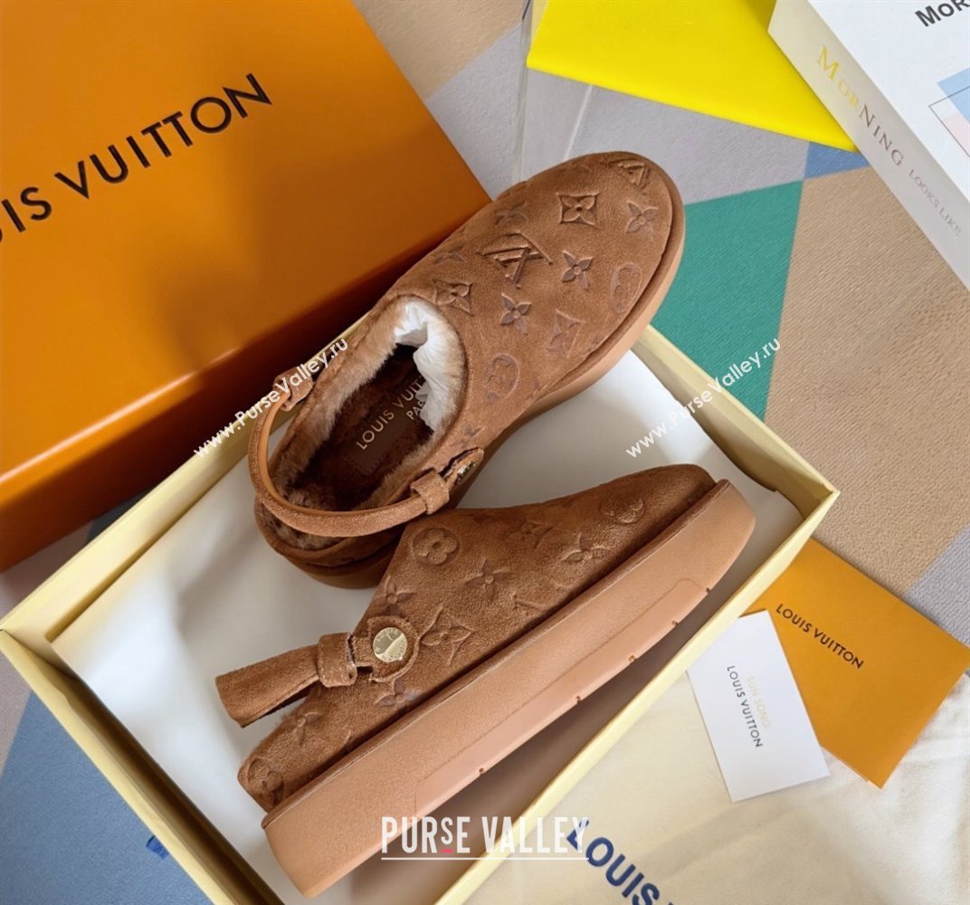 Louis Vuitton Heel 4cm Aspen Platform Clogs in Monogram-debossed suede calf leather and shearling Brown 2024 (danni-23112706)