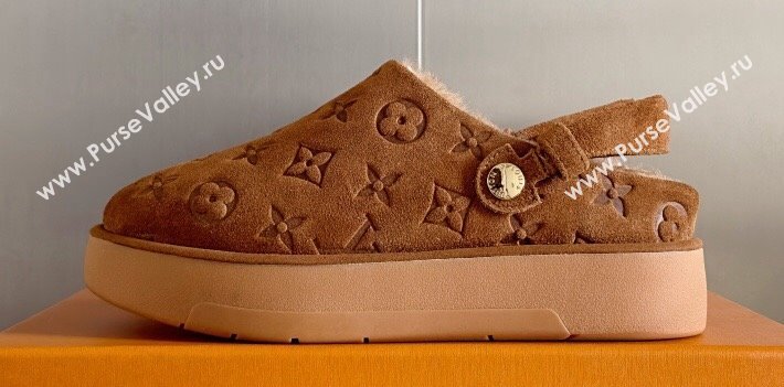 Louis Vuitton Heel 4cm Aspen Platform Clogs in Monogram-debossed suede calf leather and shearling Brown 2024 (danni-23112706)