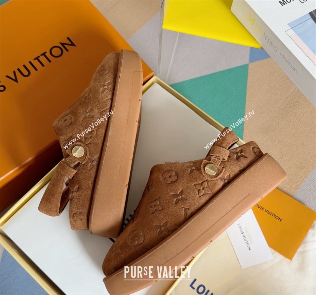 Louis Vuitton Heel 4cm Aspen Platform Clogs in Monogram-debossed suede calf leather and shearling Brown 2024 (danni-23112706)