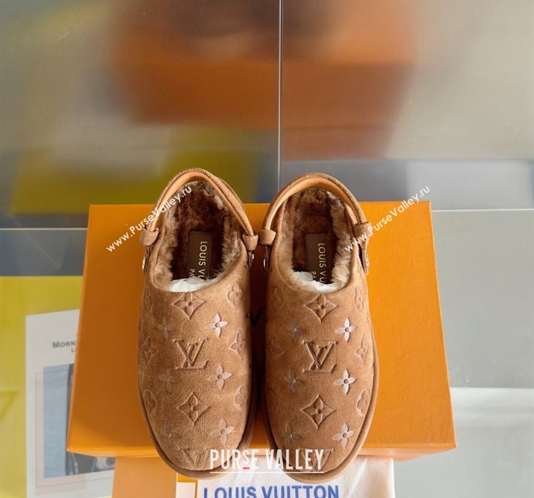 Louis Vuitton Heel 4cm Aspen Platform Clogs in Monogram-debossed suede calf leather and shearling Brown 2024 (danni-23112706)