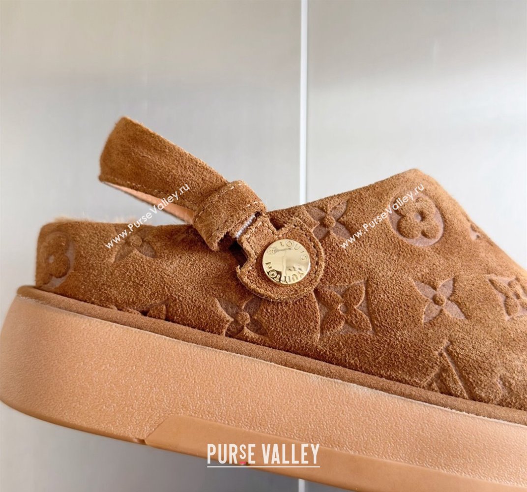 Louis Vuitton Heel 4cm Aspen Platform Clogs in Monogram-debossed suede calf leather and shearling Brown 2024 (danni-23112706)