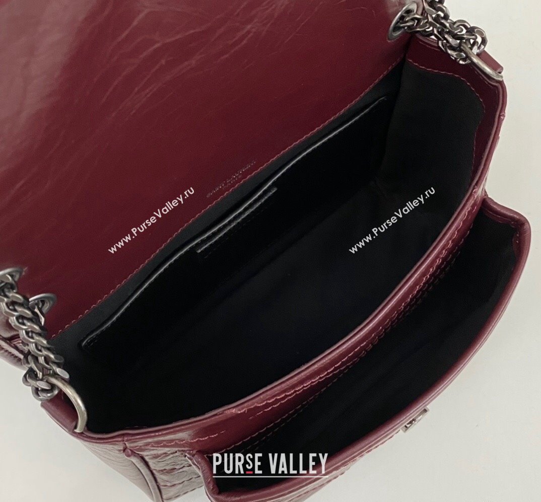 Saint Laurent Niki Baby Bag in Crinkled Vintage Leather 633160 Burgundy (nana-24011031)