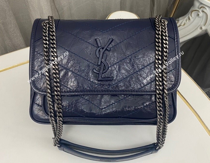 Saint Laurent Niki Baby Bag in Crinkled Vintage Leather 633160 Navy Blue (nana-24011032)