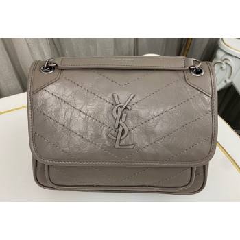 Saint Laurent Niki Baby Bag in Crinkled Vintage Leather 633160 Light Gray (nana-24011035)