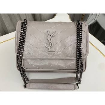 Saint Laurent Niki Baby Bag in Crinkled Vintage Leather 633160 Pale Gray (nana-24011036)