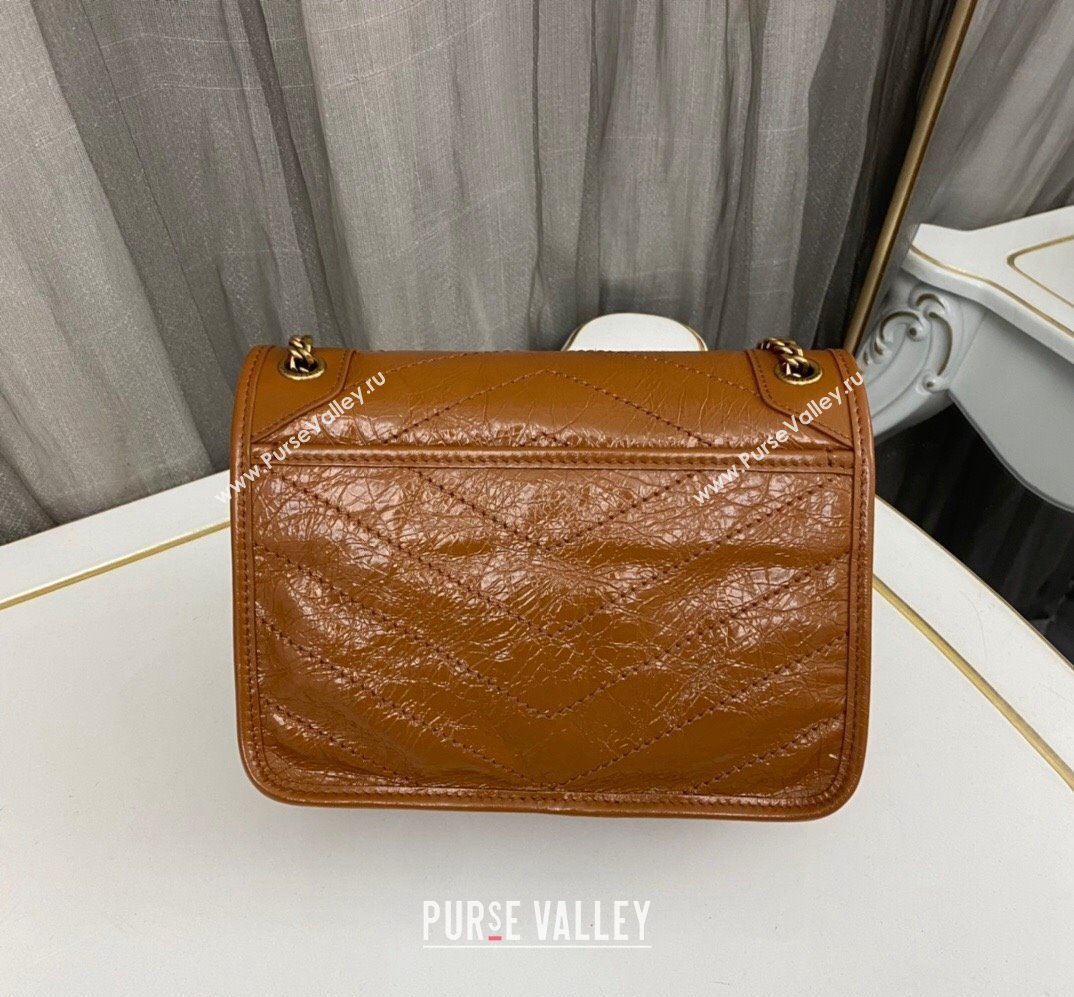 Saint Laurent Niki Baby Bag in Crinkled Vintage Leather 633160 Caramel (nana-24011041)