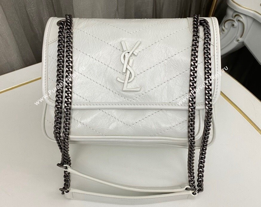 Saint Laurent Niki Baby Bag in Crinkled Vintage Leather 633160 White (nana-24011038)