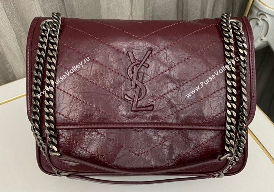 Saint Laurent Niki medium Bag in Crinkled Vintage Leather 633158 Burgundy (nana-24011010)