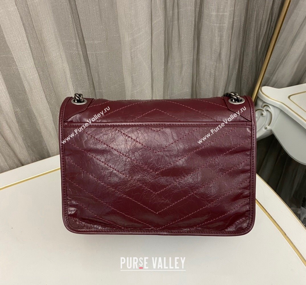 Saint Laurent Niki medium Bag in Crinkled Vintage Leather 633158 Burgundy (nana-24011010)