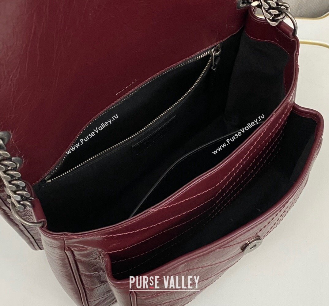 Saint Laurent Niki medium Bag in Crinkled Vintage Leather 633158 Burgundy (nana-24011010)