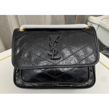 Saint Laurent Niki Baby Bag in Crinkled Vintage Leather 633160 Black/Gold (nana-24011022)