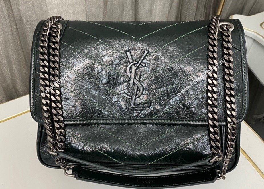 Saint Laurent Niki medium Bag in Crinkled Vintage Leather 633158 Dark Green (nana-24011004)