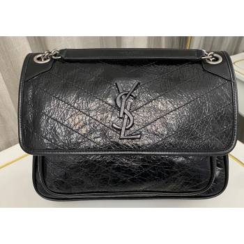 Saint Laurent Niki medium Bag in Crinkled Vintage Leather 633158 Black/Silver (nana-24011003)