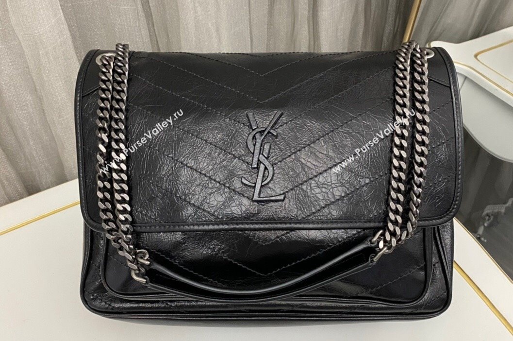 Saint Laurent Niki Large Bag in Crinkled Vintage Leather 498883 Black/Silver (nana-23120202)