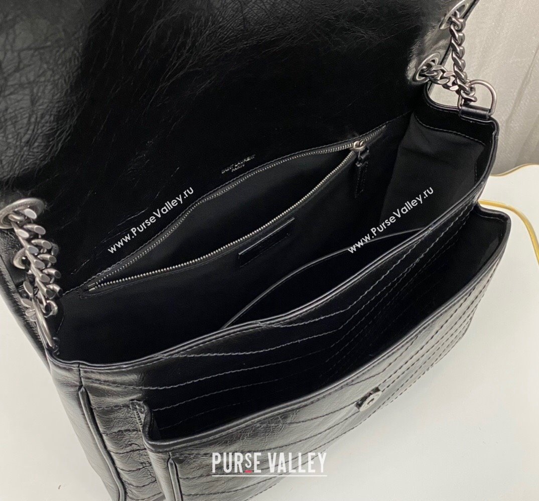 Saint Laurent Niki Large Bag in Crinkled Vintage Leather 498883 Black/Silver (nana-23120202)