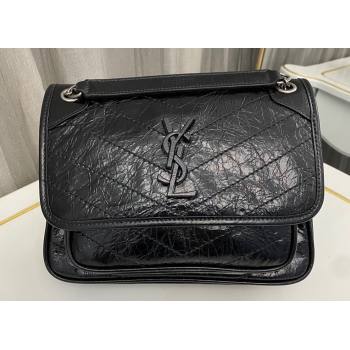 Saint Laurent Niki Baby Bag in Crinkled Vintage Leather 633160 Black/Silver (nana-24011023)