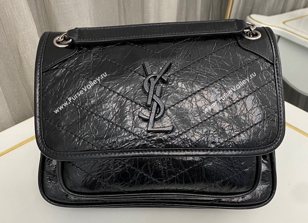 Saint Laurent Niki Baby Bag in Crinkled Vintage Leather 633160 Black/Silver (nana-24011023)