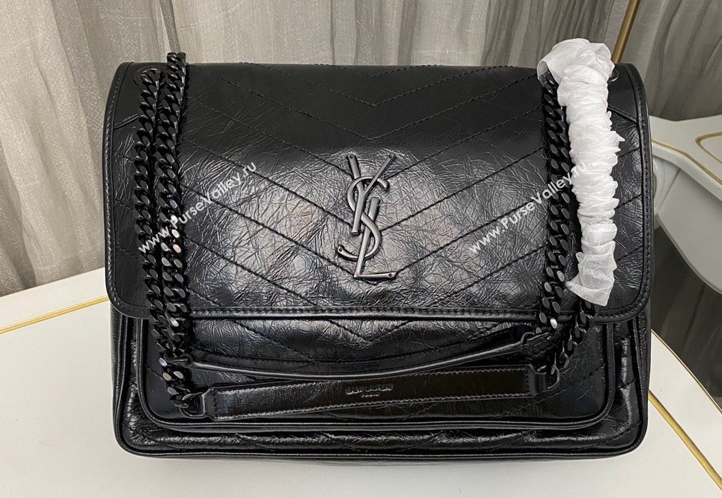 Saint Laurent Niki Large Bag in Crinkled Vintage Leather 498883 Black (nana-23120201)