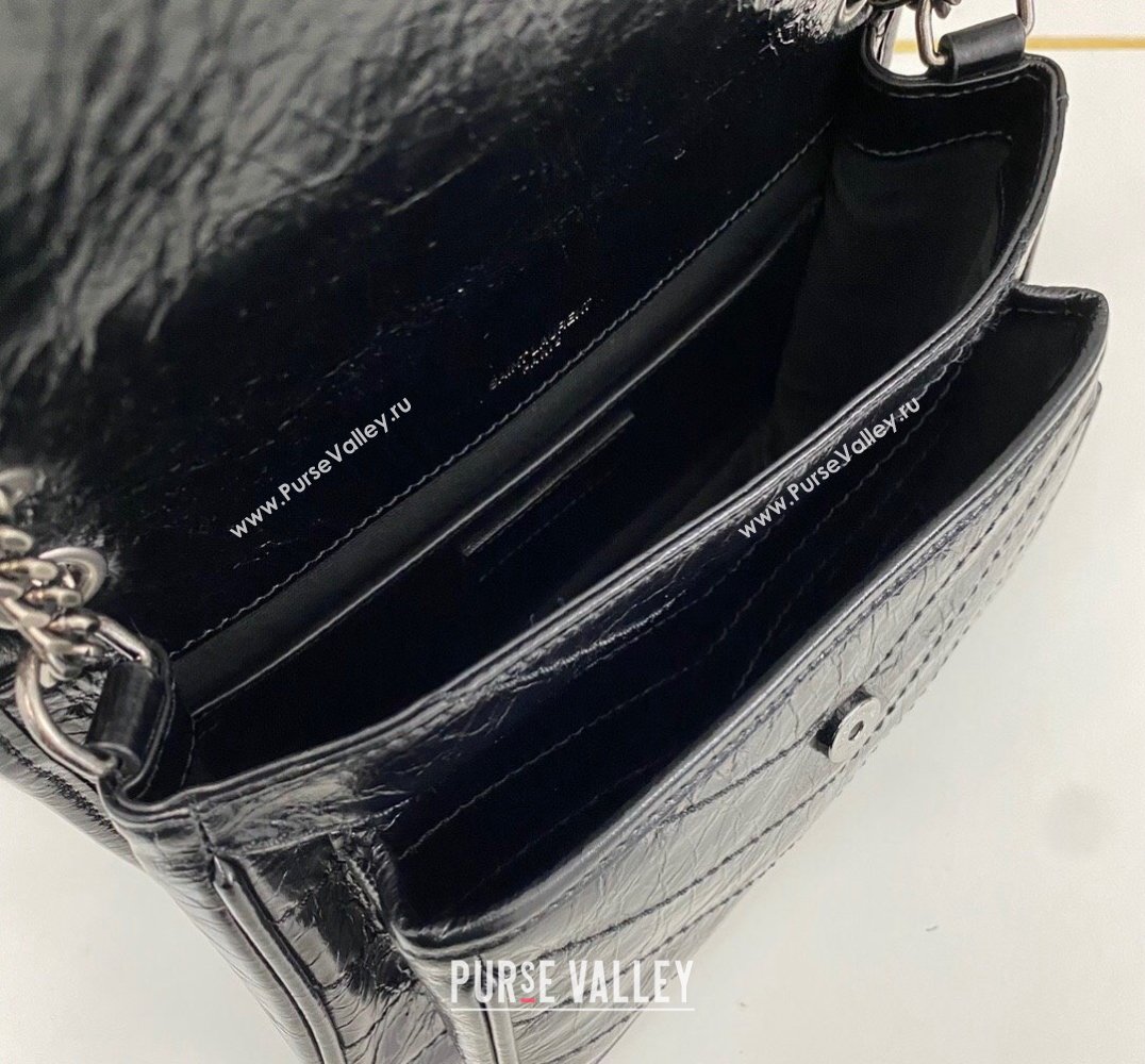 Saint Laurent Niki Baby Bag in Crinkled Vintage Leather 633160 Black/Silver (nana-24011023)