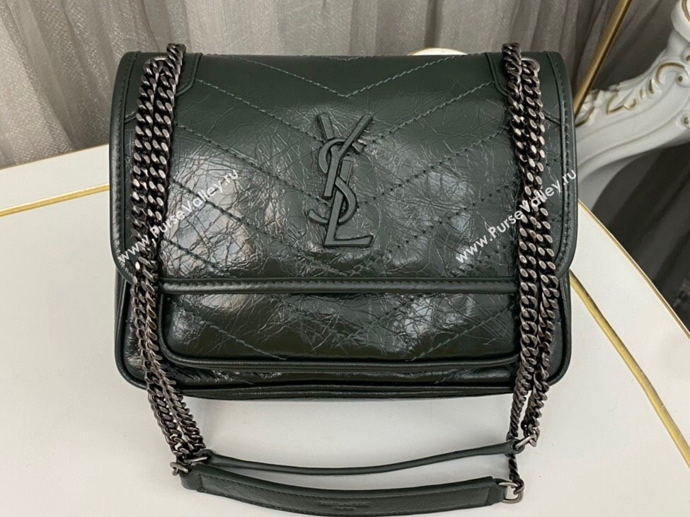 Saint Laurent Niki Baby Bag in Crinkled Vintage Leather 633160 Emerald Green (nana-24011025)