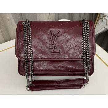 Saint Laurent Niki Baby Bag in Crinkled Vintage Leather 633160 Burgundy (nana-24011031)