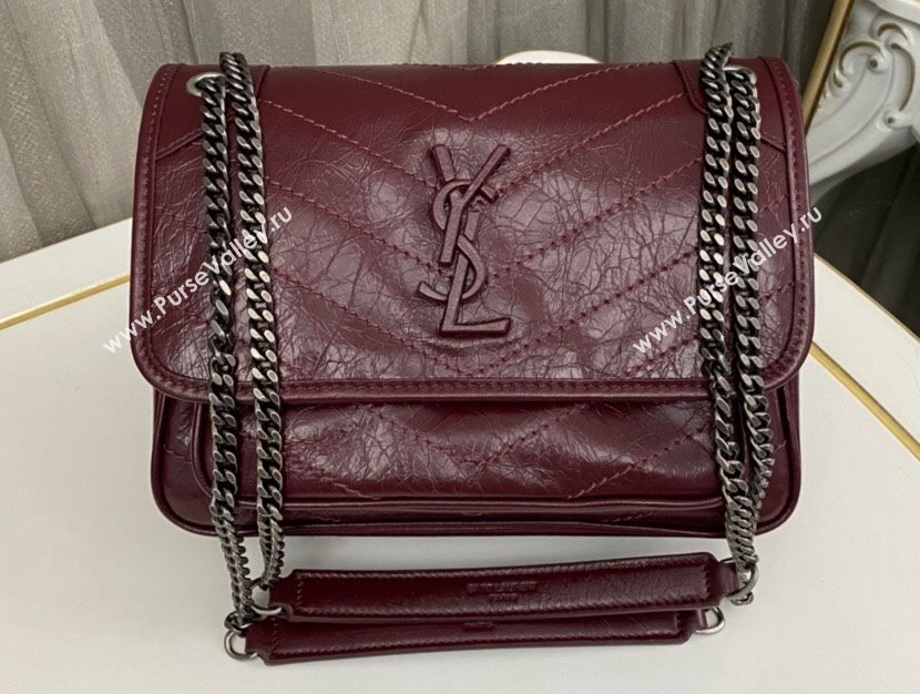 Saint Laurent Niki Baby Bag in Crinkled Vintage Leather 633160 Burgundy (nana-24011031)