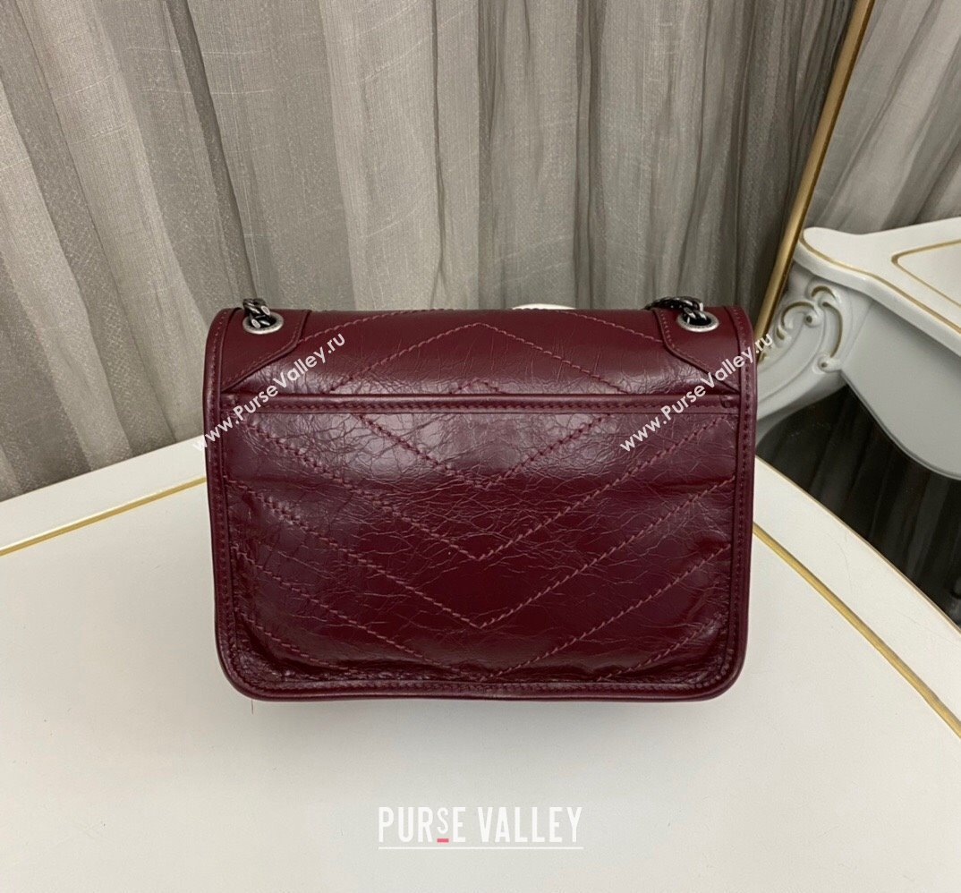 Saint Laurent Niki Baby Bag in Crinkled Vintage Leather 633160 Burgundy (nana-24011031)