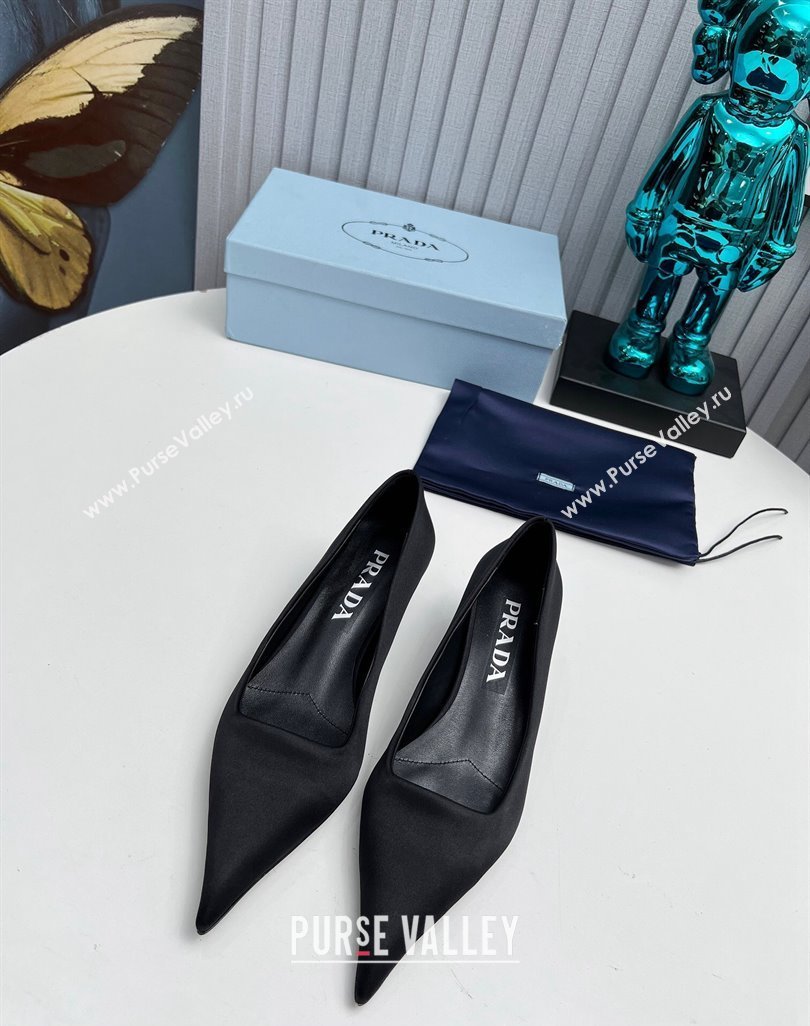 Prada Heel 4cm Satin Pointed Toe Pumps Black Spring 2024 (modeng-23120421)