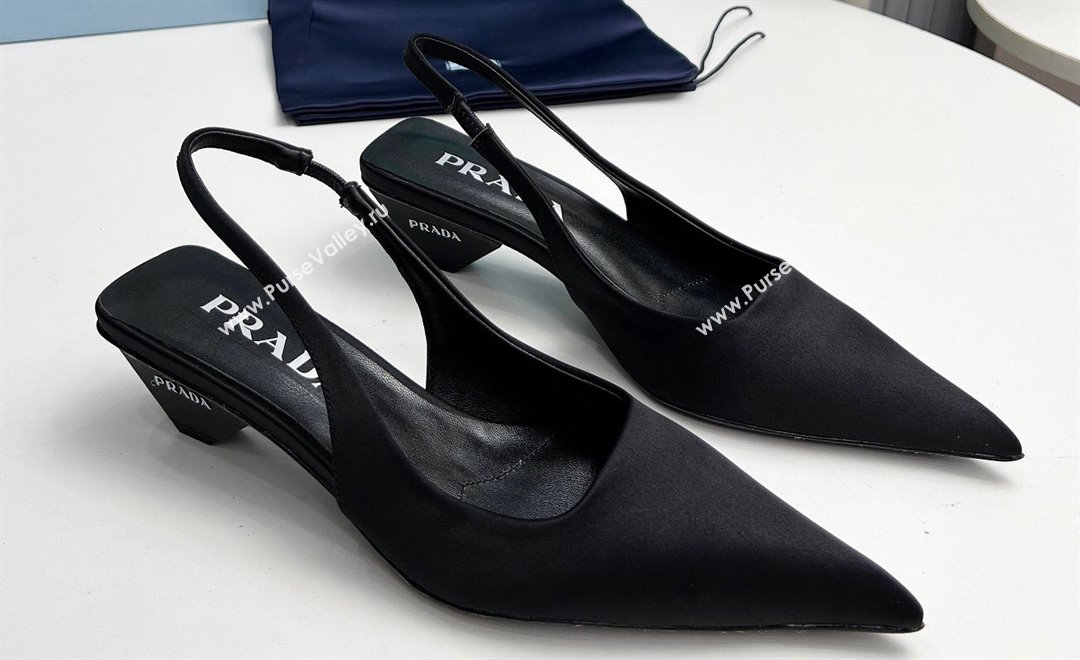 Prada Heel 4cm Satin Pointed Toe Slingbacks Black Spring 2024 (modeng-23120411)