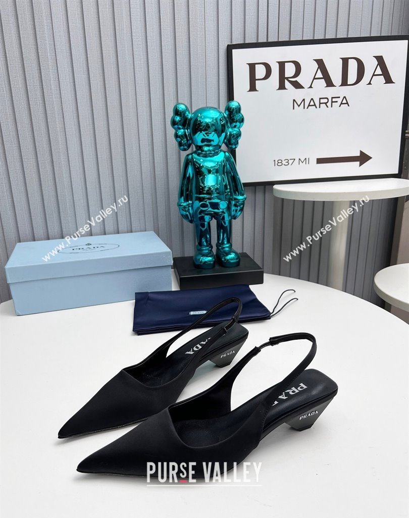 Prada Heel 4cm Satin Pointed Toe Slingbacks Black Spring 2024 (modeng-23120411)