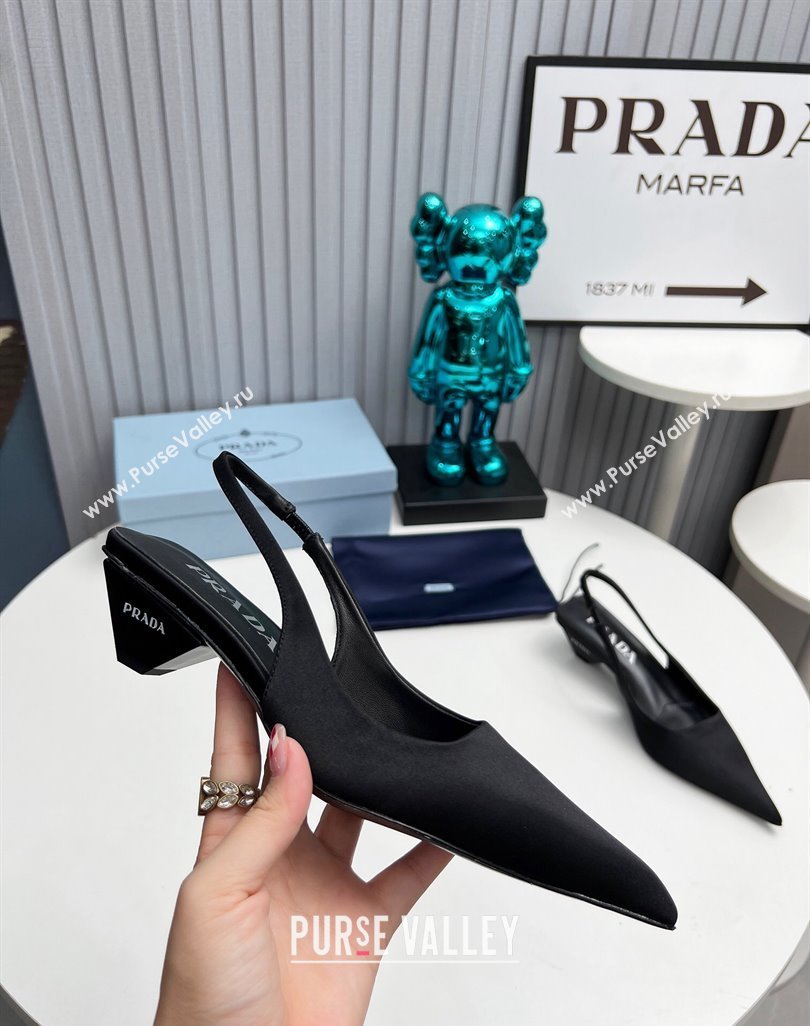 Prada Heel 4cm Satin Pointed Toe Slingbacks Black Spring 2024 (modeng-23120411)