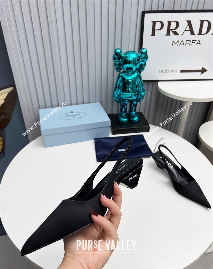 Prada Heel 4cm Satin Pointed Toe Slingbacks Black Spring 2024 (modeng-23120411)
