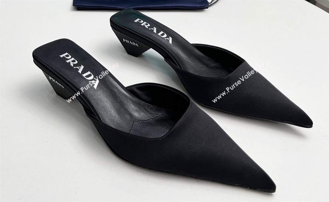 Prada Heel 4cm Satin Pointed Toe Mules Black Spring 2024 (modeng-23120401)