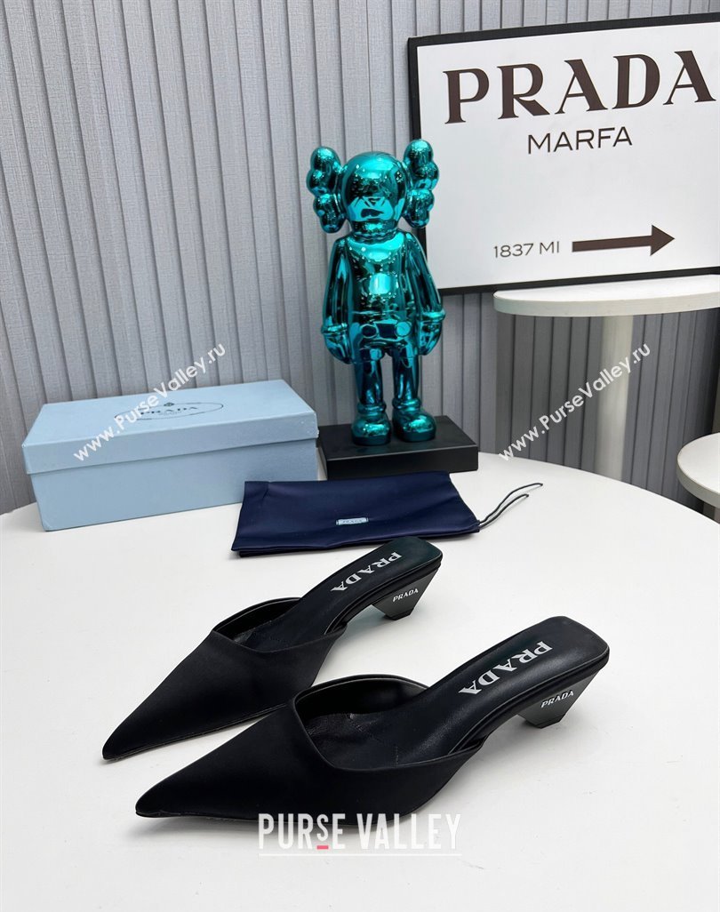 Prada Heel 4cm Satin Pointed Toe Mules Black Spring 2024 (modeng-23120401)