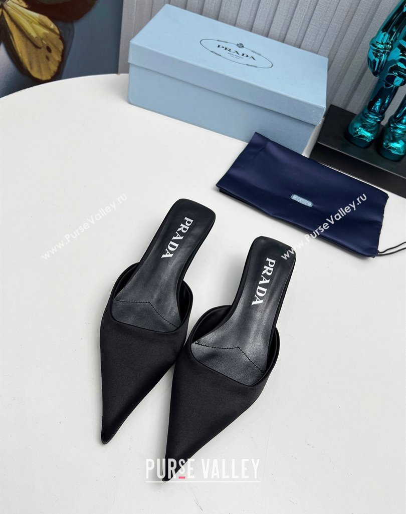 Prada Heel 4cm Satin Pointed Toe Mules Black Spring 2024 (modeng-23120401)