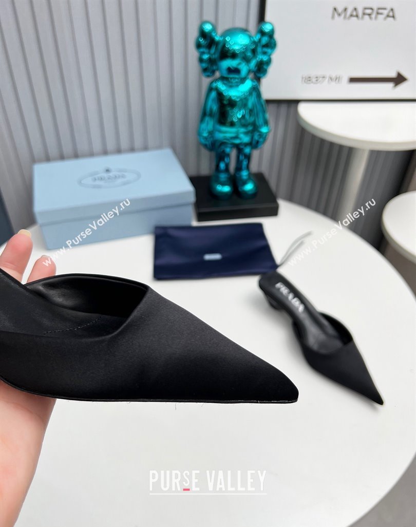Prada Heel 4cm Satin Pointed Toe Mules Black Spring 2024 (modeng-23120401)