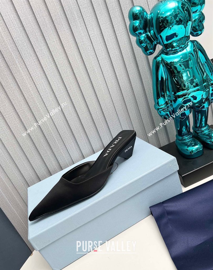 Prada Heel 4cm Satin Pointed Toe Mules Black Spring 2024 (modeng-23120401)