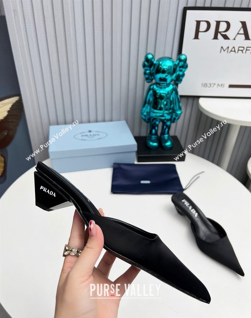 Prada Heel 4cm Satin Pointed Toe Mules Black Spring 2024 (modeng-23120401)