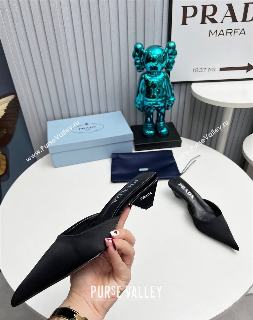 Prada Heel 4cm Satin Pointed Toe Mules Black Spring 2024 (modeng-23120401)
