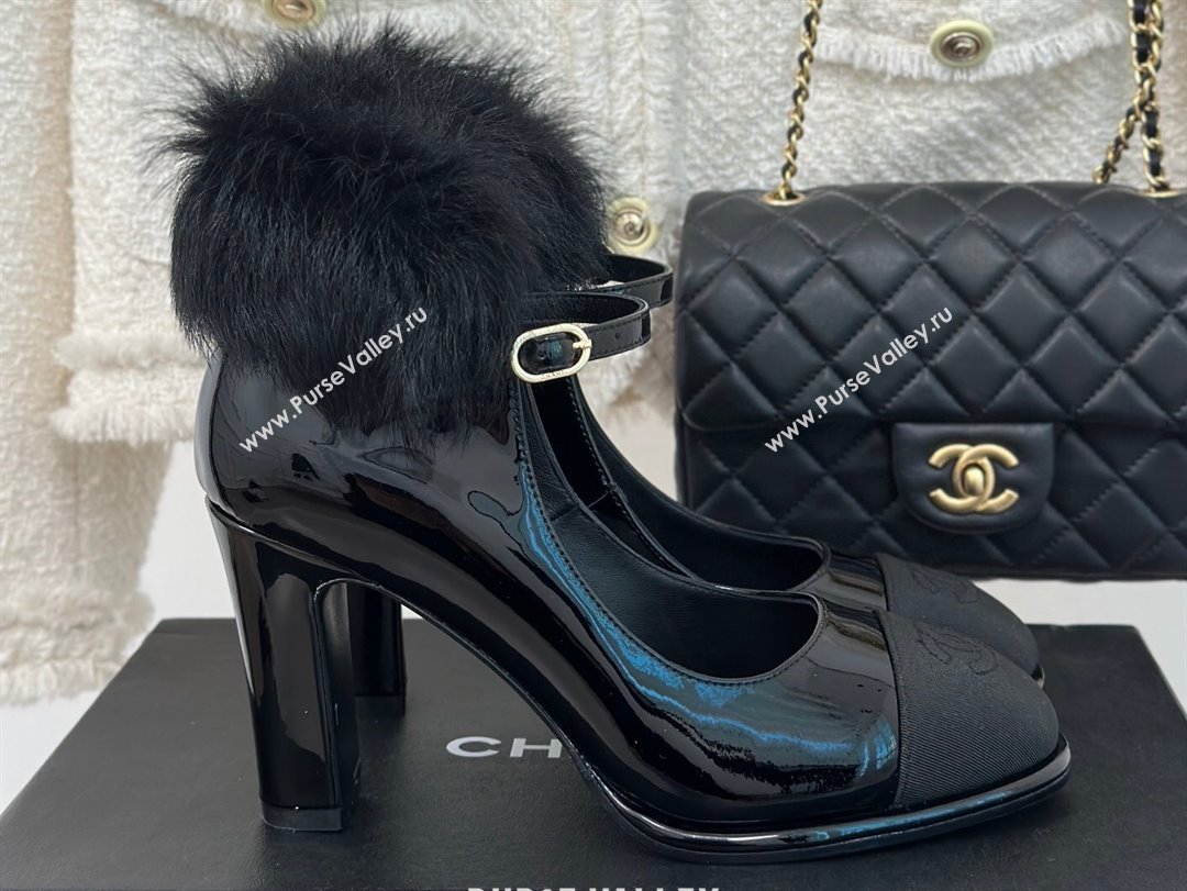 Chanel Black Shearling Patent Calfskin Grosgrain Mary Janes 2024 (kaola-23120411)