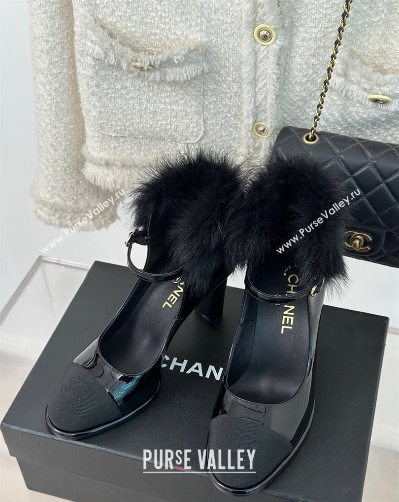 Chanel Black Shearling Patent Calfskin Grosgrain Mary Janes 2024 (kaola-23120411)