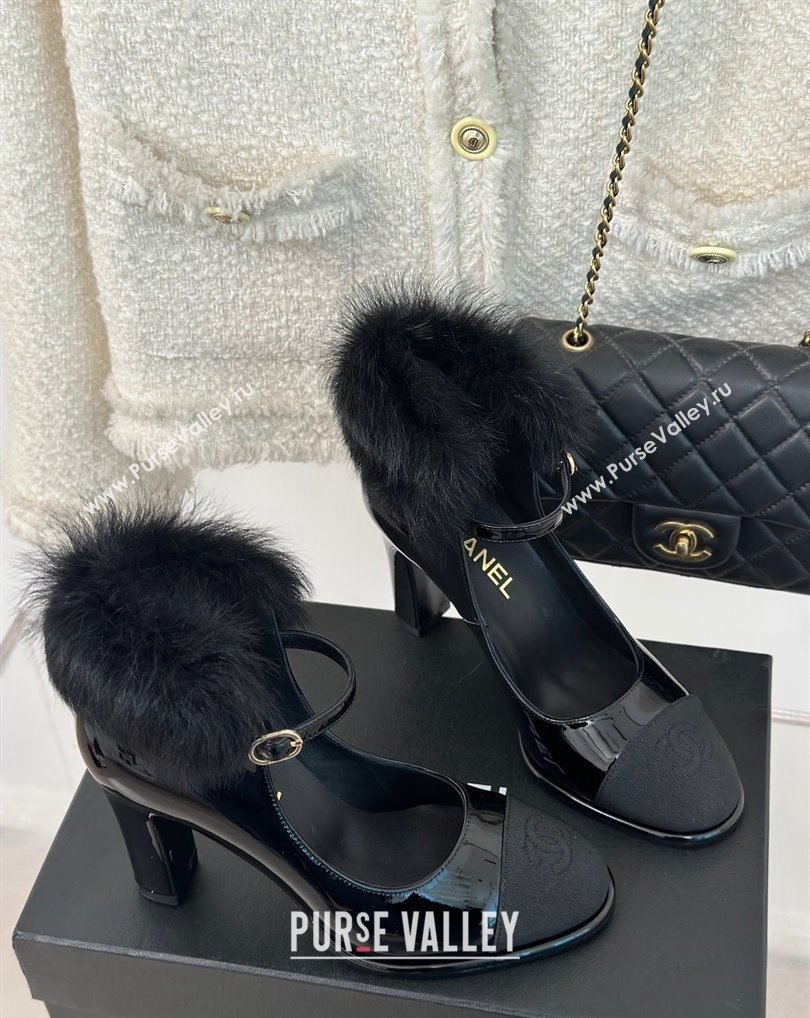 Chanel Black Shearling Patent Calfskin Grosgrain Mary Janes 2024 (kaola-23120411)