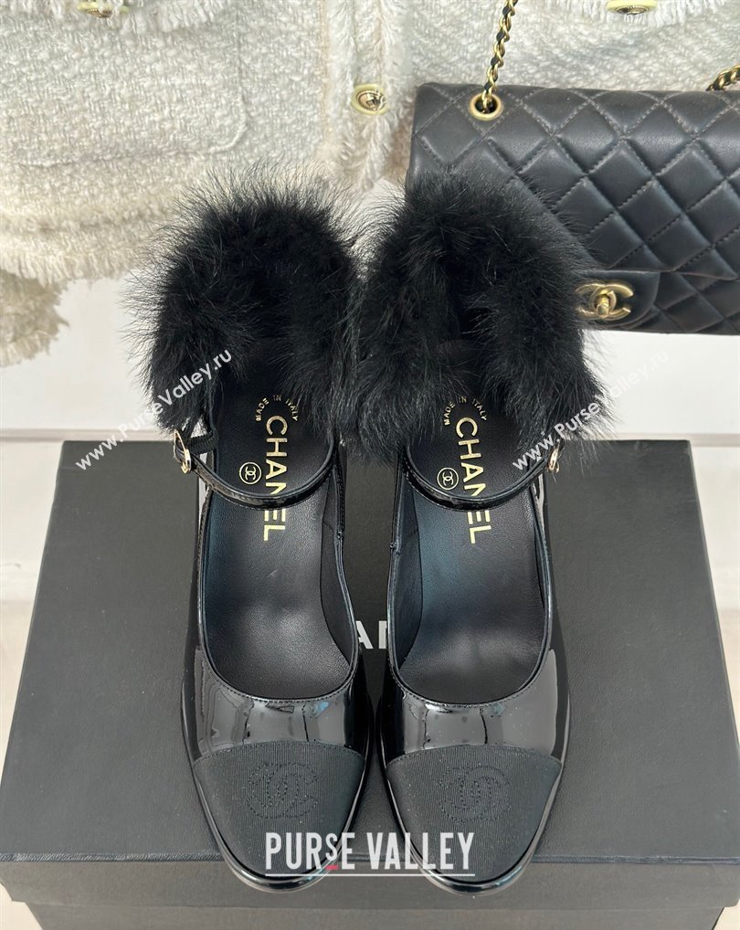 Chanel Black Shearling Patent Calfskin Grosgrain Mary Janes 2024 (kaola-23120411)