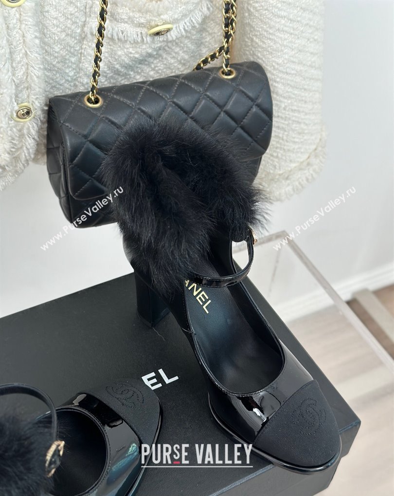 Chanel Black Shearling Patent Calfskin Grosgrain Mary Janes 2024 (kaola-23120411)