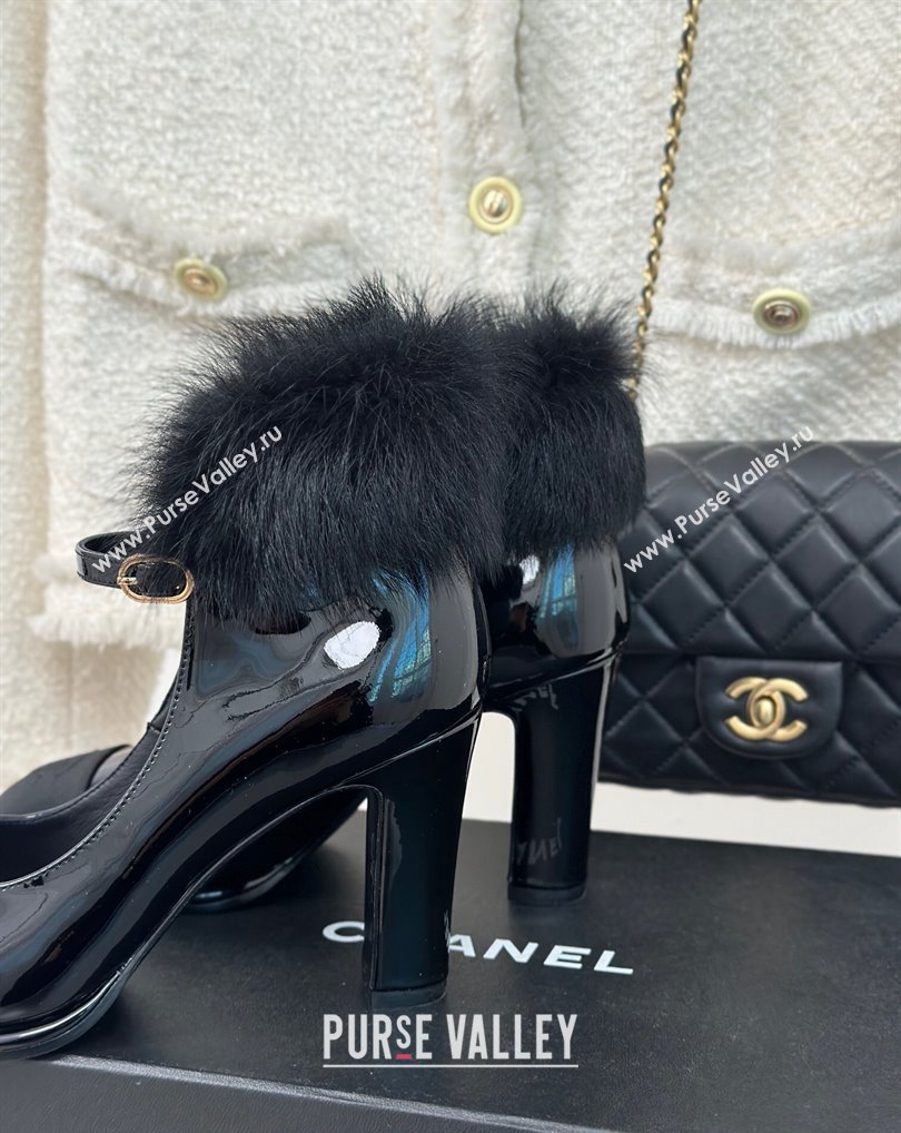 Chanel Black Shearling Patent Calfskin Grosgrain Mary Janes 2024 (kaola-23120411)