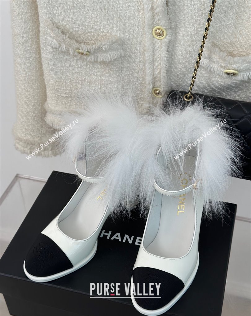 Chanel White Shearling Patent Calfskin Grosgrain Mary Janes 2024 (kaola-23120412)