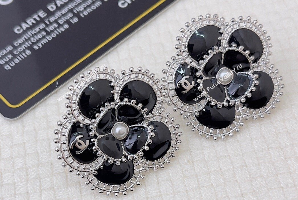 Chanel Metal Glass Pearls Clip-on Stud Earrings ABC210 Silver, Black Pearly White 2024 (YF-23120509)