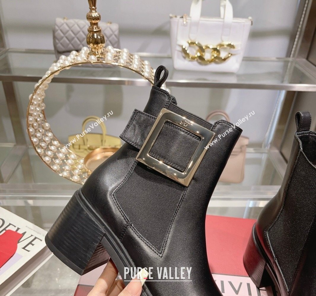 Roger Vivier Viv Rangers Metal Buckle Chelsea Ankle Boots in Leather Black 2024 (upin-23120601)